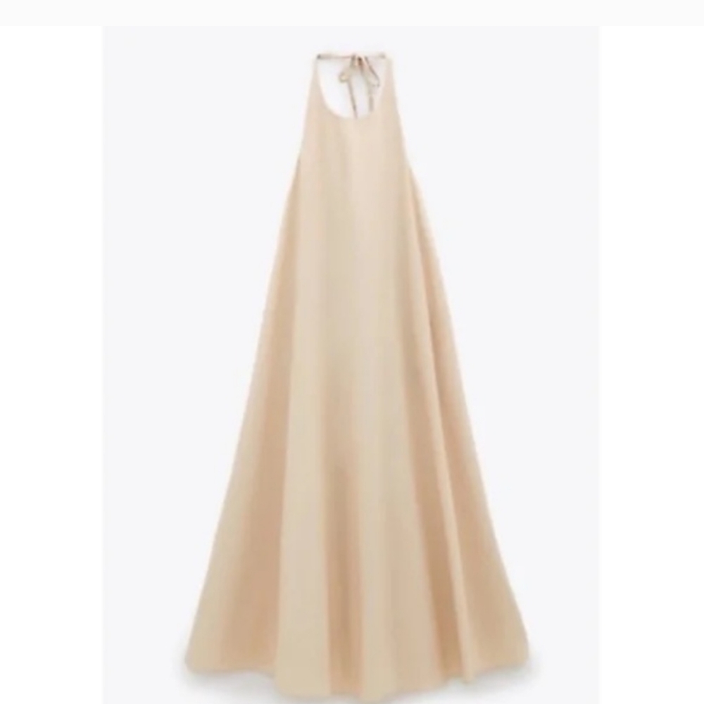 Zara Dress Size M Maxi Halter Dress Cotton- Cream Tan NWT - Picture 3 of 13